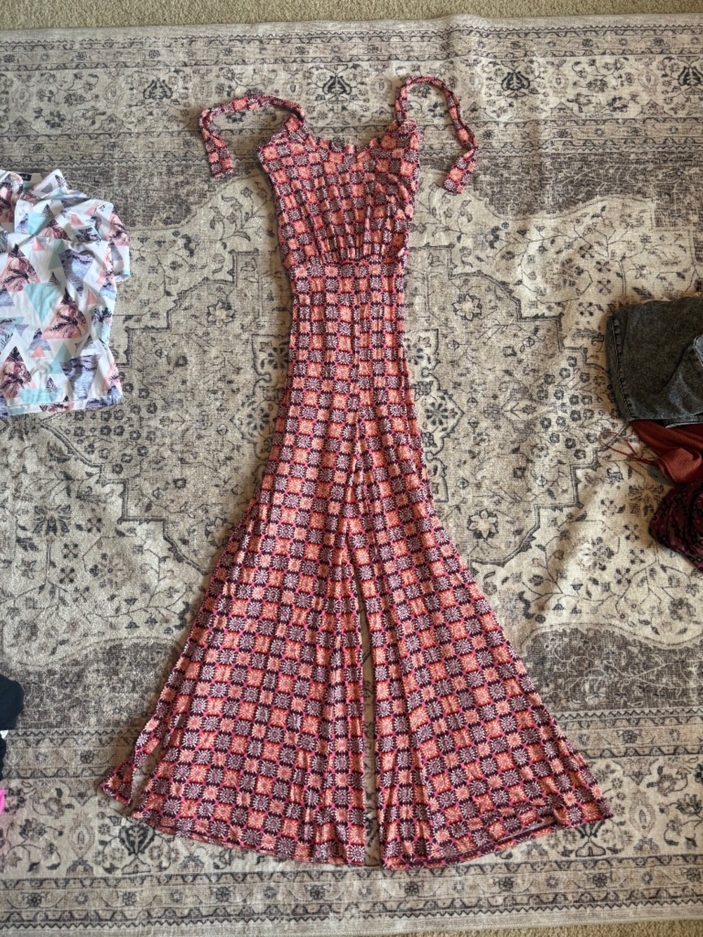 Free People- Patterned Flare Jumper Brown and Pink- S - Picture 2 of 3